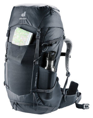 Deuter Futura Pro 38 SL with a map in the front pocket and a bottle in the side pocket