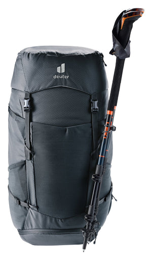 Deuter Futura Pro 38 SL with a trekking pole fixed to the pole attachment on the side of the pack