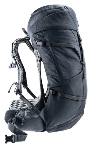 Side profile of the Deuter Futura Pro 38 SL showing the arched mesh back and hip fin
