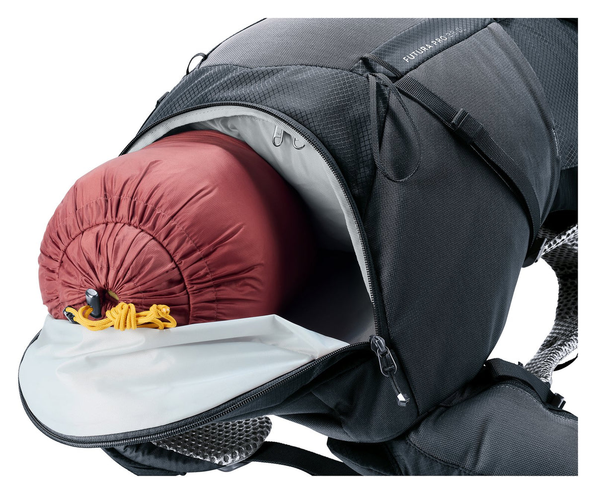 Deuter Futura Pro 38 SL bottom compartment unzipped with a sleeping bag inside