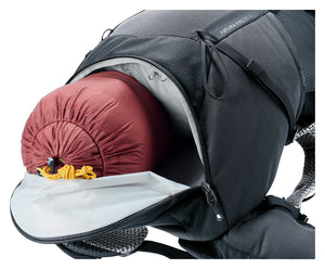 Deuter Futura Pro 38 SL bottom compartment unzipped with a sleeping bag inside