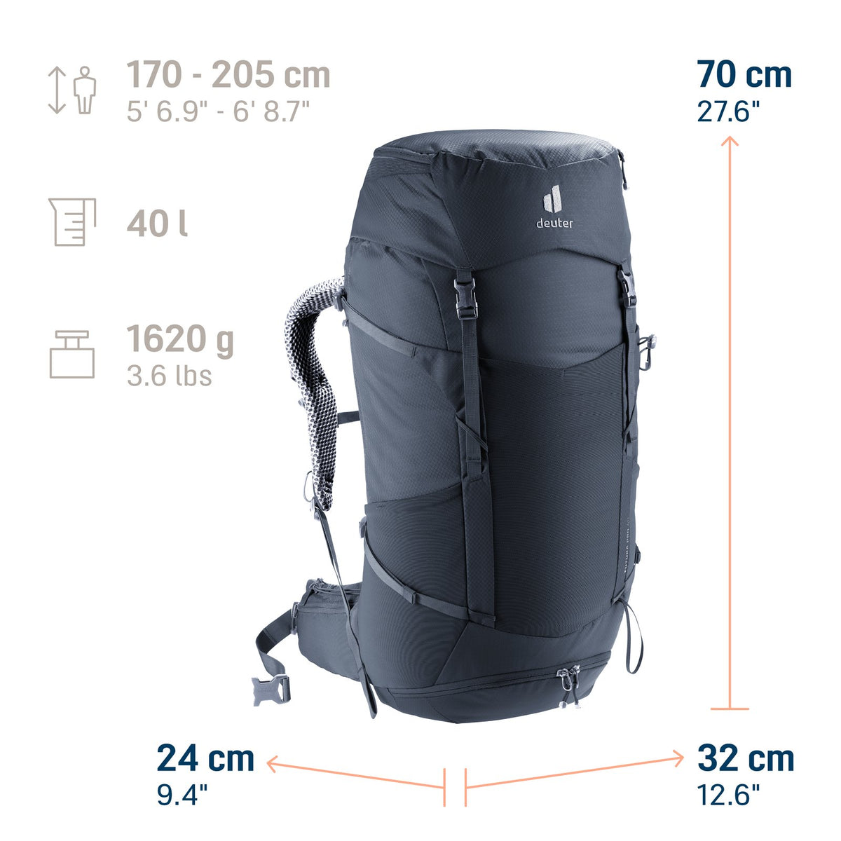 Deuter Futura Pro 40 size guide: 70 x 32 x 24 cm, 40 litres, 1620 g, body height 170-205 cm