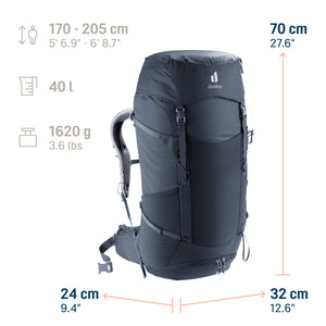 Deuter Futura Pro 40 size guide: 70 x 32 x 24 cm, 40 litres, 1620 g, body height 170-205 cm