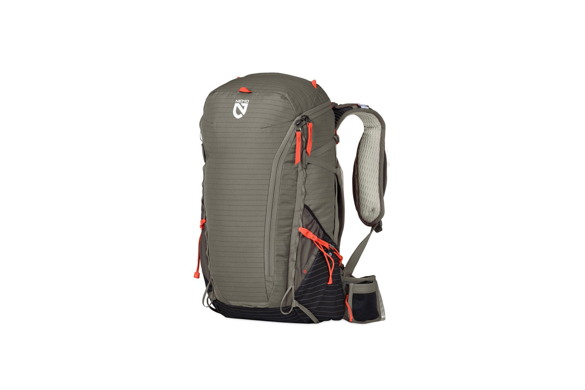 Nemo Persist men's pack in Smokey Olive with orange accents, three-quarter view