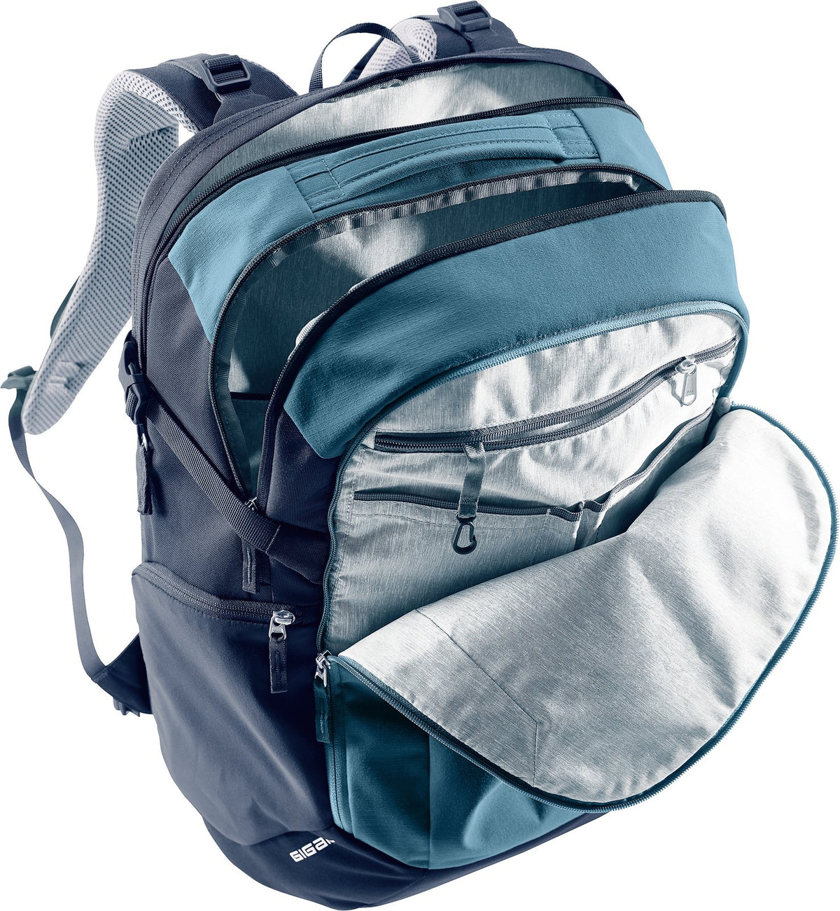 Deuter Gigant with its front compartments unzipped, showing the layered pockets