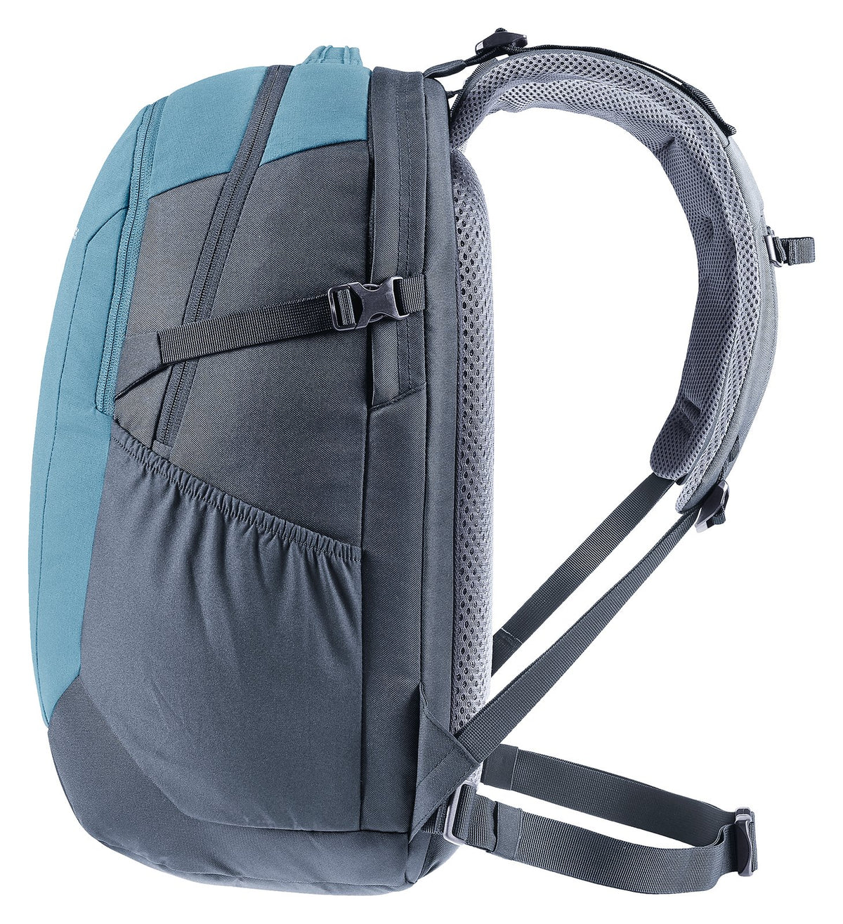 Deuter Gigant side profile showing the curved shoulder straps and side pocket