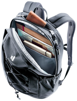 Deuter Gogo zip-around opening unzipped, showing folders and a notebook inside