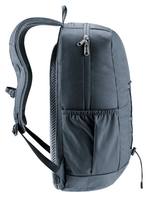 Deuter Gogo in Black, side view with stretch side pocket and zip-around opening