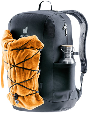 Deuter Gogo with a jacket held under the front bungee and a bottle in the side pocket