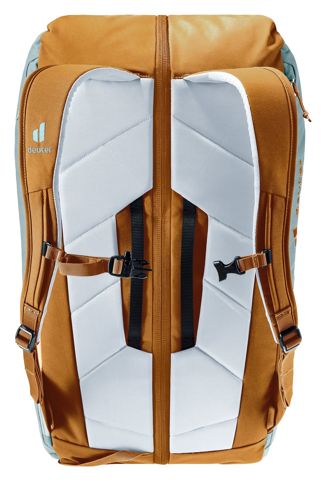 Back of the Deuter Gravity Motion showing padded Contact back panels and the back zip