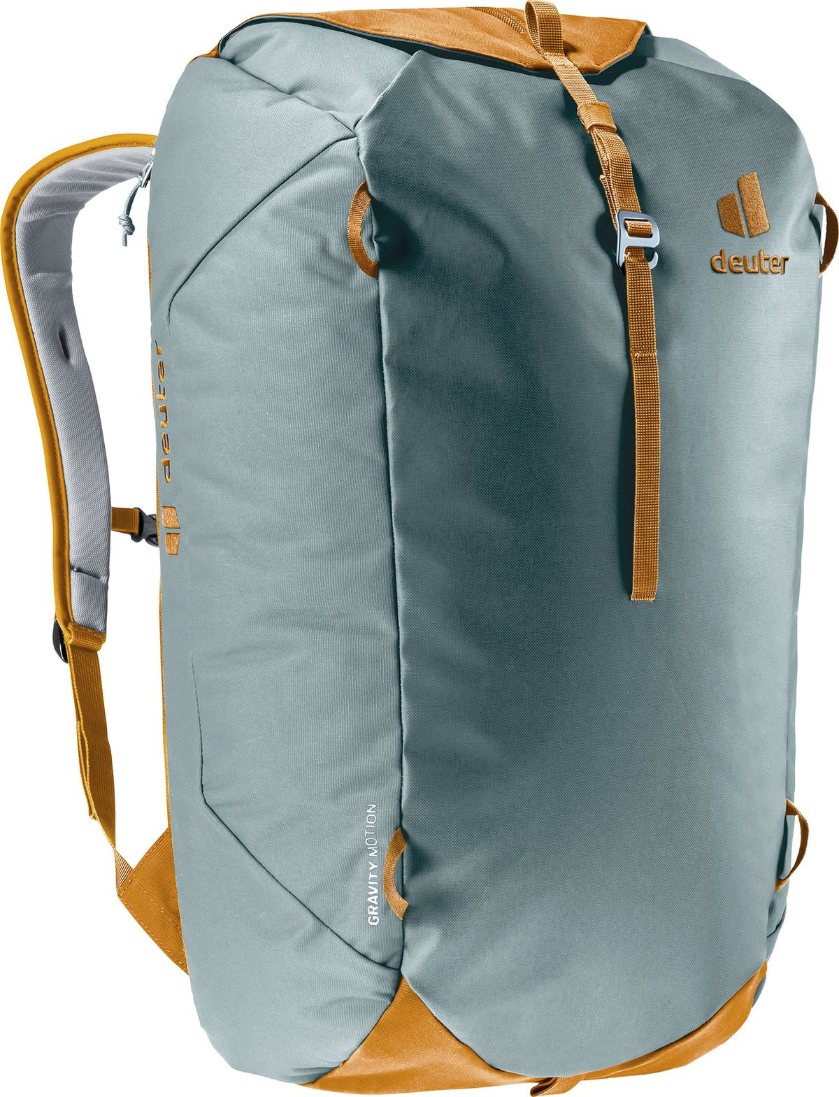 Deuter Gravity Motion in Teal Cinnamon, front three-quarter view from the other side