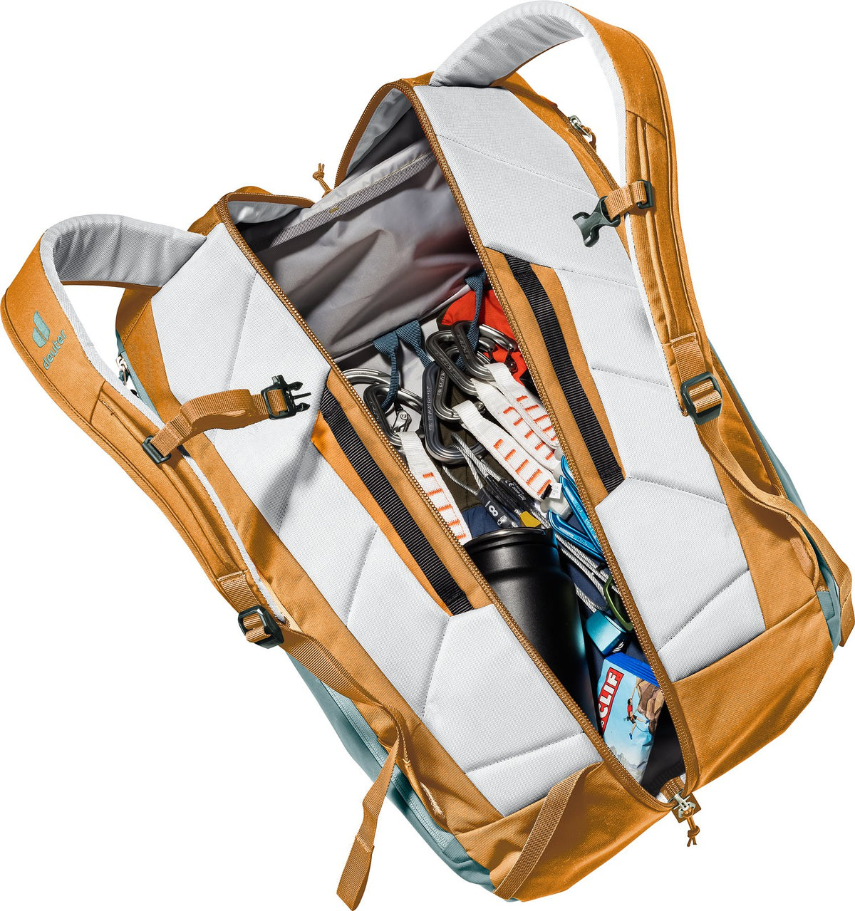 Deuter Gravity Motion opened flat through the back zip, showing climbing gear inside