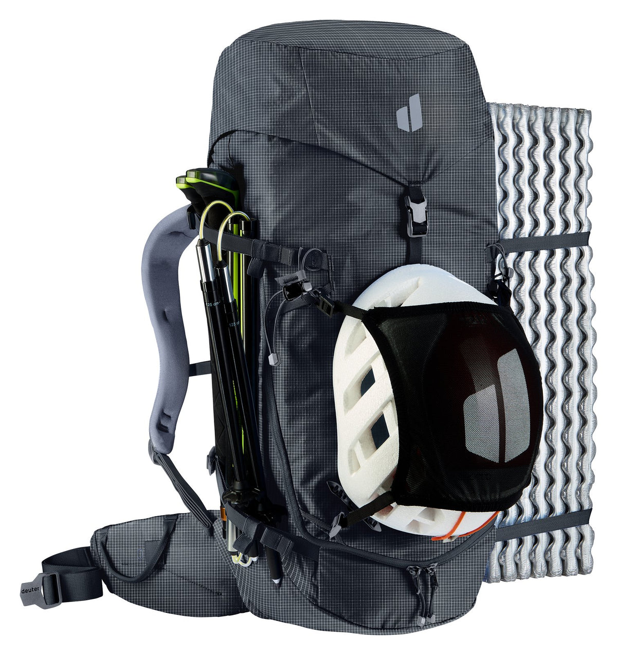 Deuter Guide 32+6 SL with a helmet in the mesh holder, folded poles on the side and a foam mat strapped on
