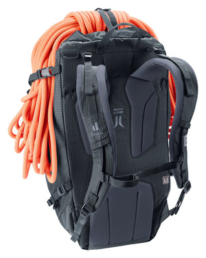 Deuter Guide 32+6 SL from behind with a coiled rope strapped over the top