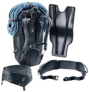 Deuter Guide 32+6 SL stripped down with lid, hip fins and backplate removed alongside