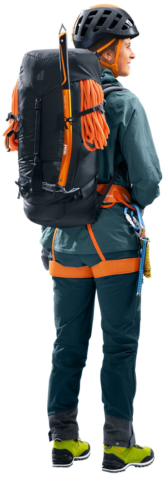 Climber wearing the Deuter Guide 32+6 SL with a rope and harness