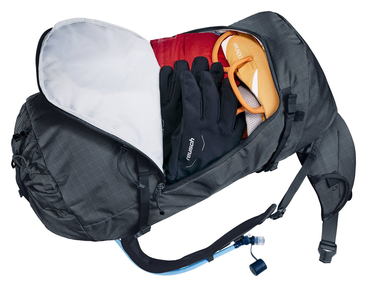 Deuter Guide 32+6 SL J-zip front opening unzipped to show gloves and gear inside