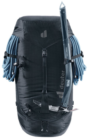 Deuter Guide 34+6 with a coiled rope strapped across the front and one ice axe on the front