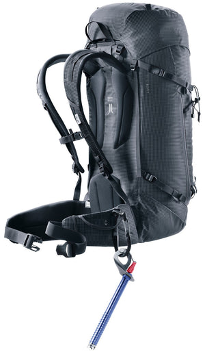 Deuter Guide 34+6 with an ice screw clipped to the hip fin ice clipper slot