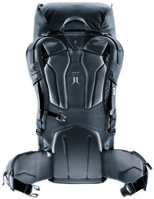 Back of the Deuter Guide 34+6 showing the Alpine backplate padding and hip fins