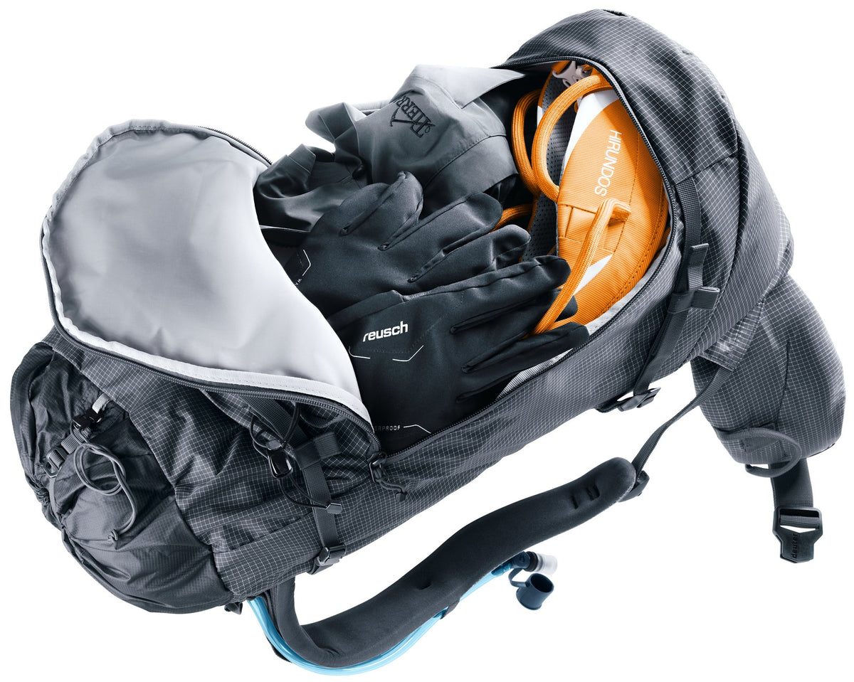 Deuter Guide 34+6 J-zip front opening showing climbing helmet and gear inside
