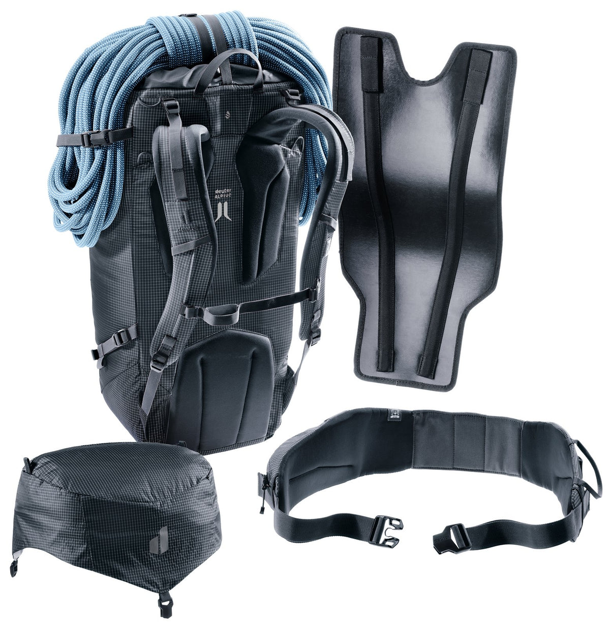 Deuter Guide 34+6 stripped: lid, hip fins and backplate removed and laid beside it