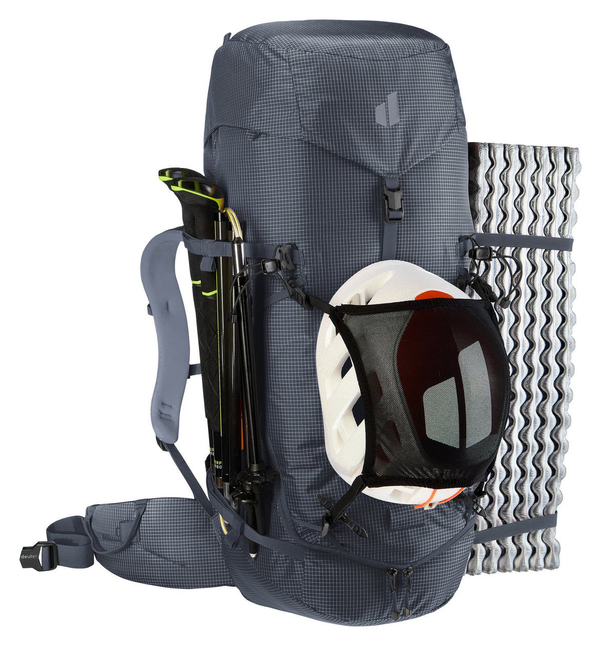 Deuter Guide 44+6 with a helmet in the mesh holder, poles and a foam mat strapped on