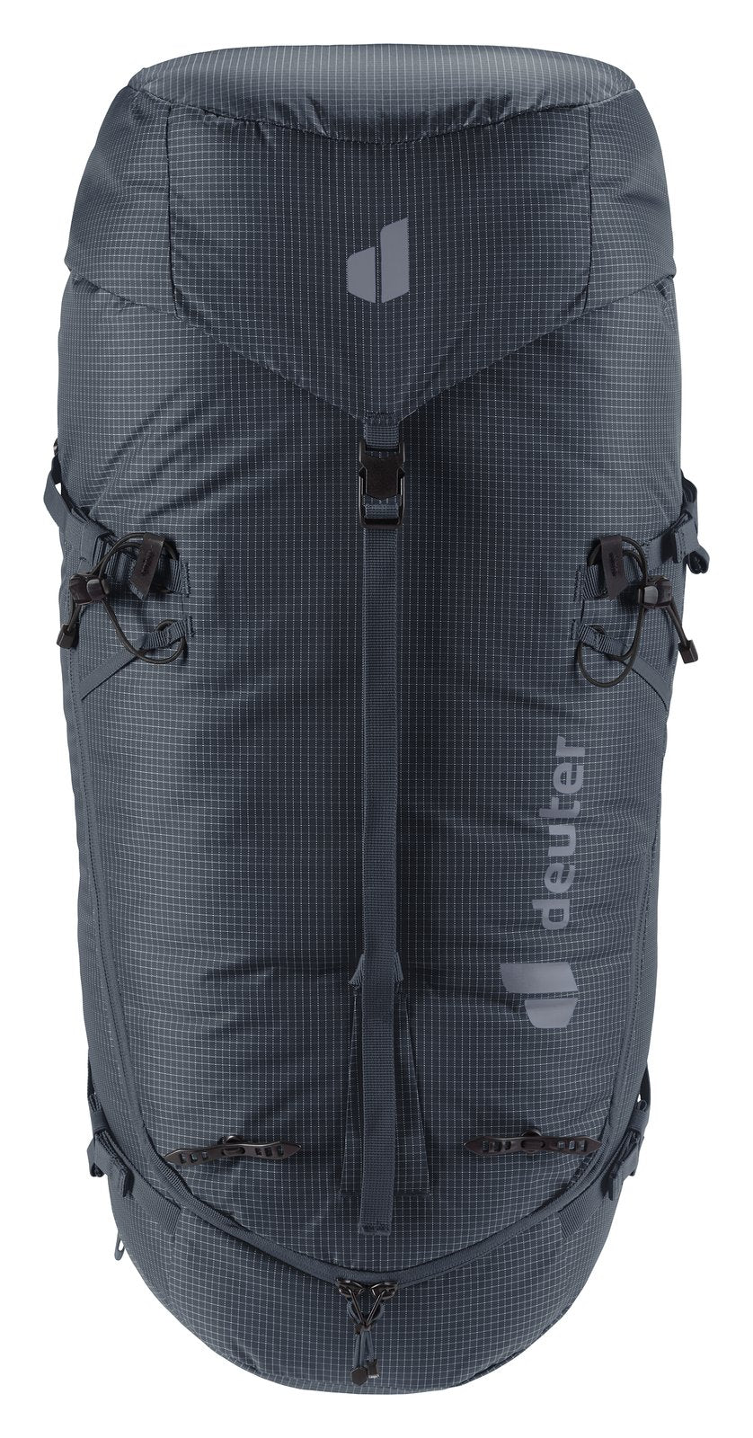 Deuter Guide 44+6 in Black, straight-on front view of the clean front panel