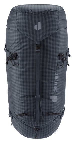 Deuter Guide 44+6 in Black, straight-on front view of the clean front panel