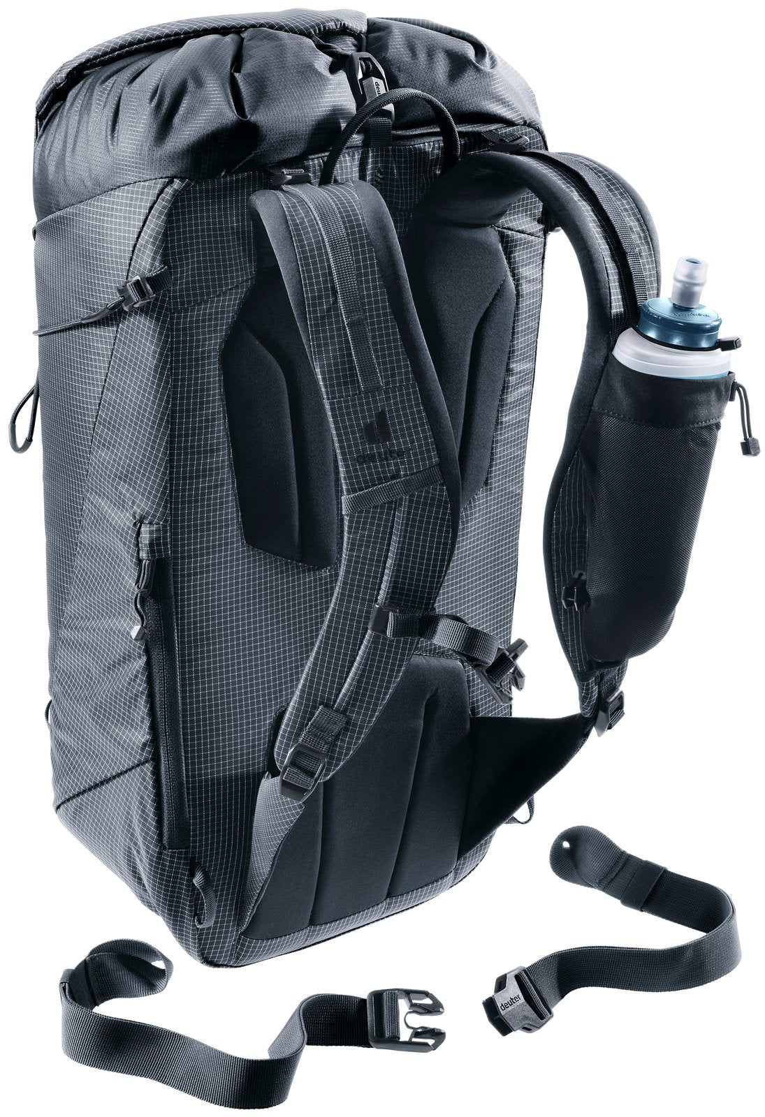 Deuter Guide Lite 24 rear view with a soft flask in the shoulder strap pouch