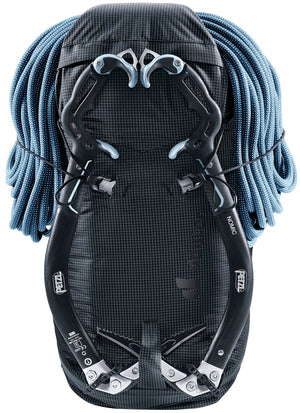 Deuter Guide Lite 24 carrying a coiled rope under the rope strap and an ice axe on each side