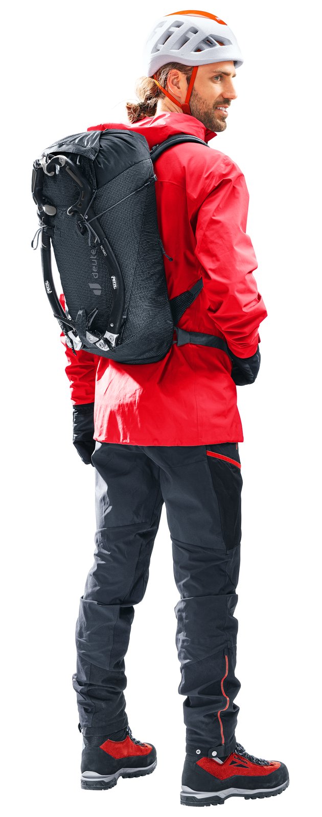 Mountaineer in a helmet wearing the Deuter Guide Lite 24 in Black