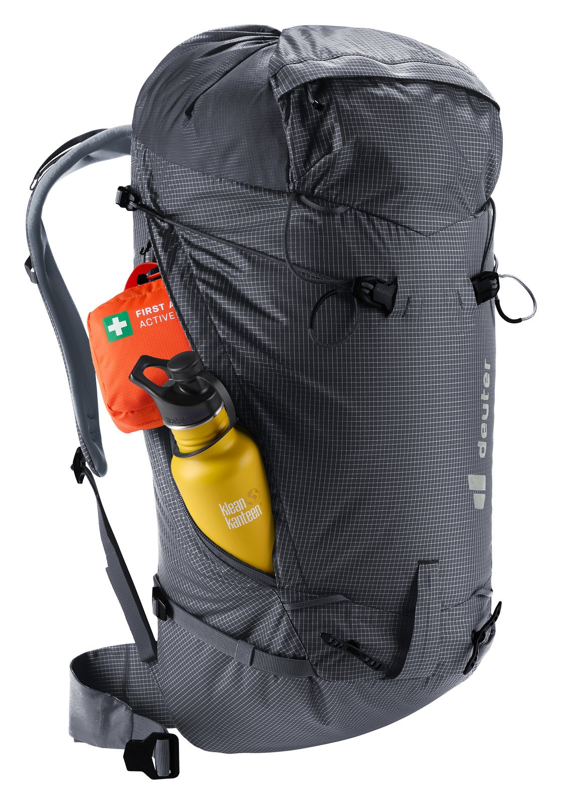 Deuter Guide Lite 30 with a first aid kit and a yellow bottle in an open side pocket