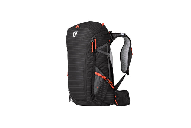Nemo Persist men's pack in Black with orange accents, three-quarter view