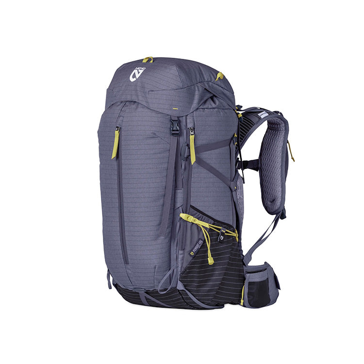 Close view of a Blue Granite Nemo Persist women's pack with front zips and lime pulls