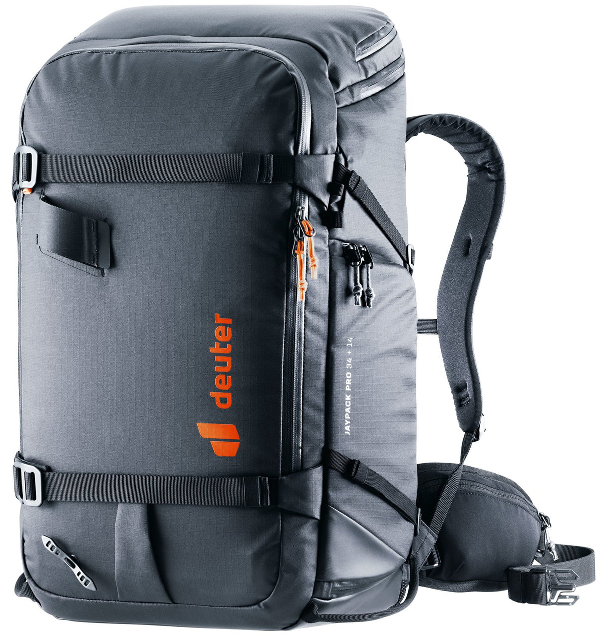 Deuter Jaypack Pro 34+14 camera backpack in Black, front three-quarter view with orange logo
