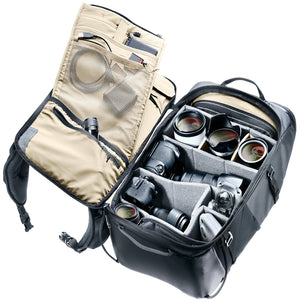 Deuter Jaypack Pro 34+14 back panel open showing lenses and bodies in the modular camera insert