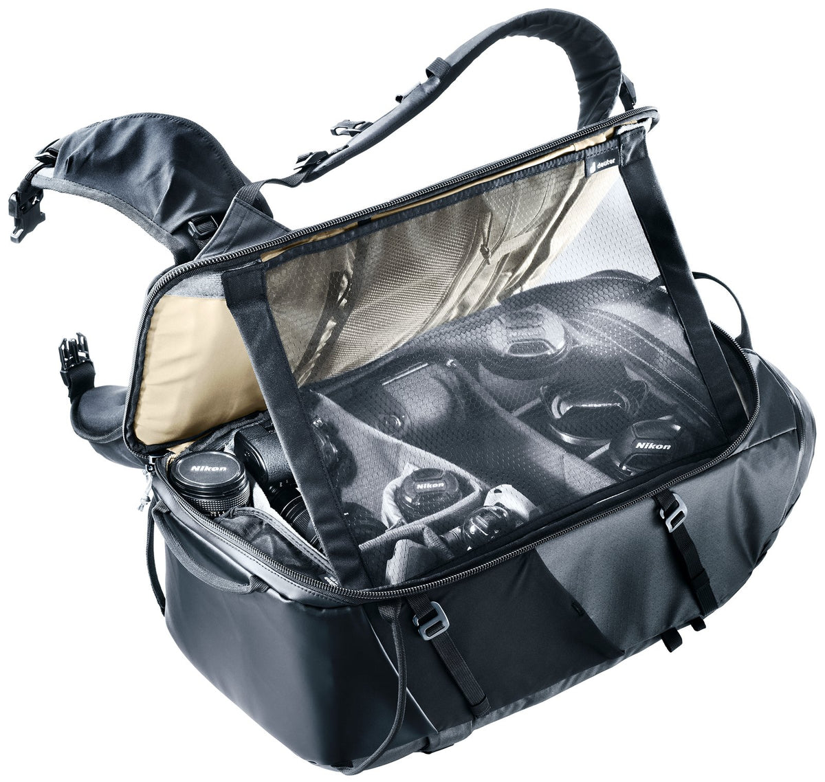 Deuter Jaypack Pro 34+14 open under its pop-up mesh weather screen with camera gear inside