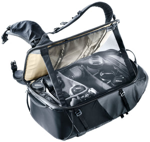 Deuter Jaypack Pro 34+14 open under its pop-up mesh weather screen with camera gear inside