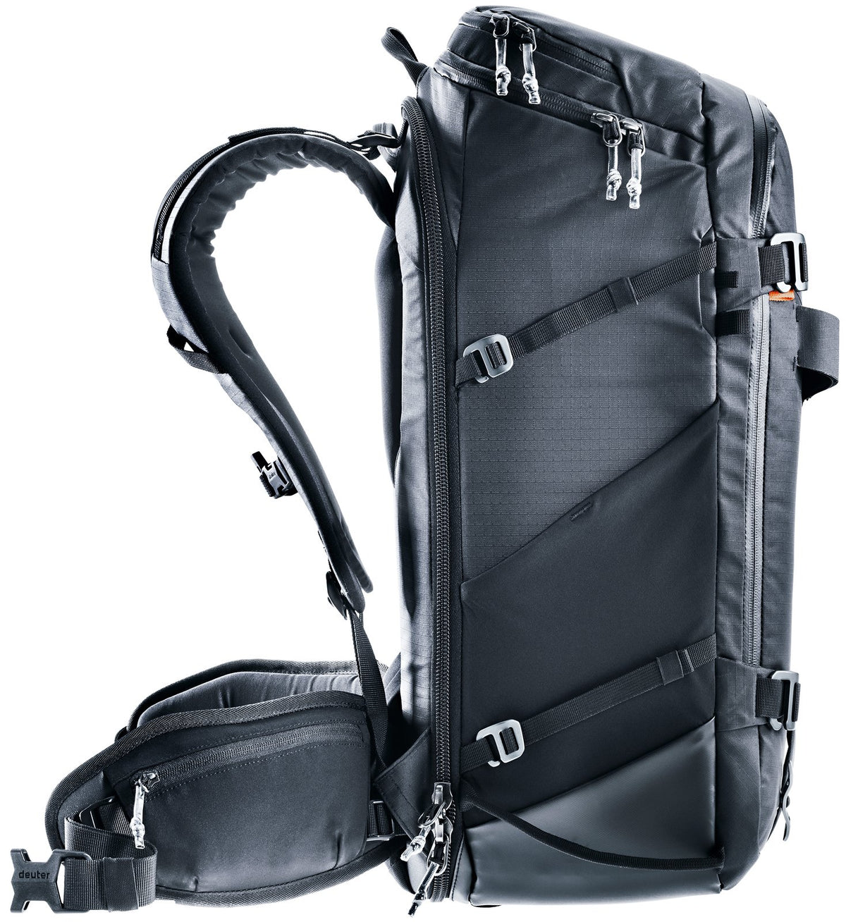 Side profile of the Deuter Jaypack Pro 34+14 with the long side access zip