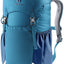 Deuter Junior kids daypack in Wave Nightblue, front three-quarter view with stretch pockets
