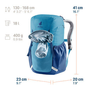Deuter Junior size guide: 18 litres, 400 g, for kids 130-168 cm tall