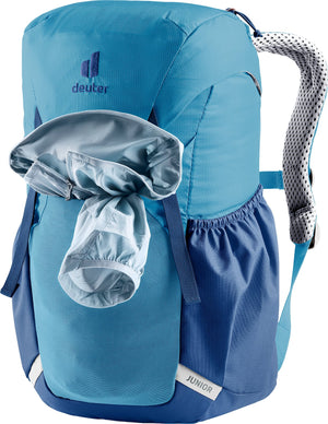 Deuter Junior with a jacket stuffed into the stretch front pocket
