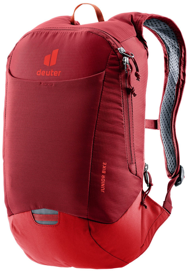 Deuter Junior Bike kids' cycling backpack in Masala Cherry, front three-quarter view