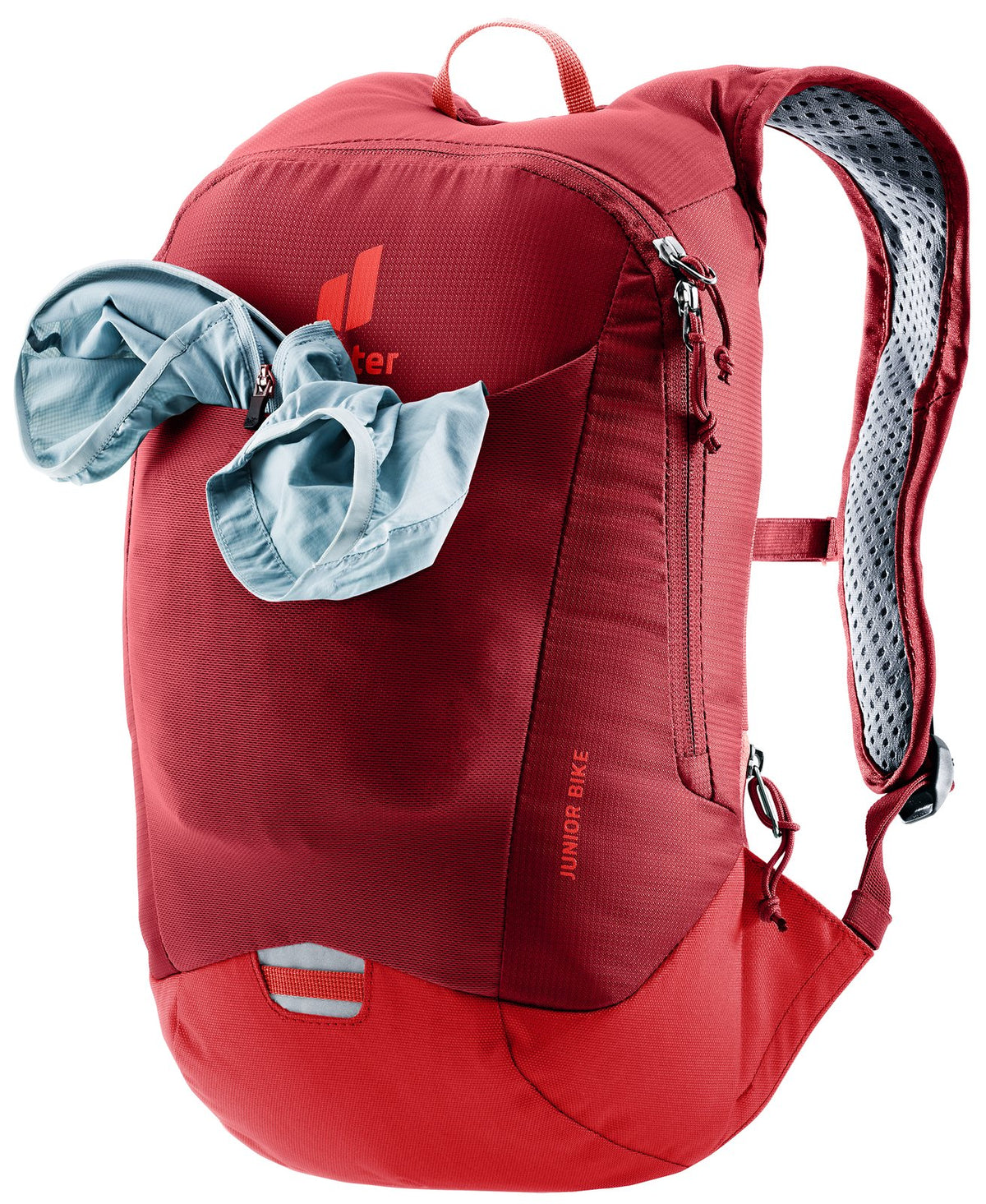 Deuter Junior Bike with a jacket stuffed in the stretch mesh front pocket