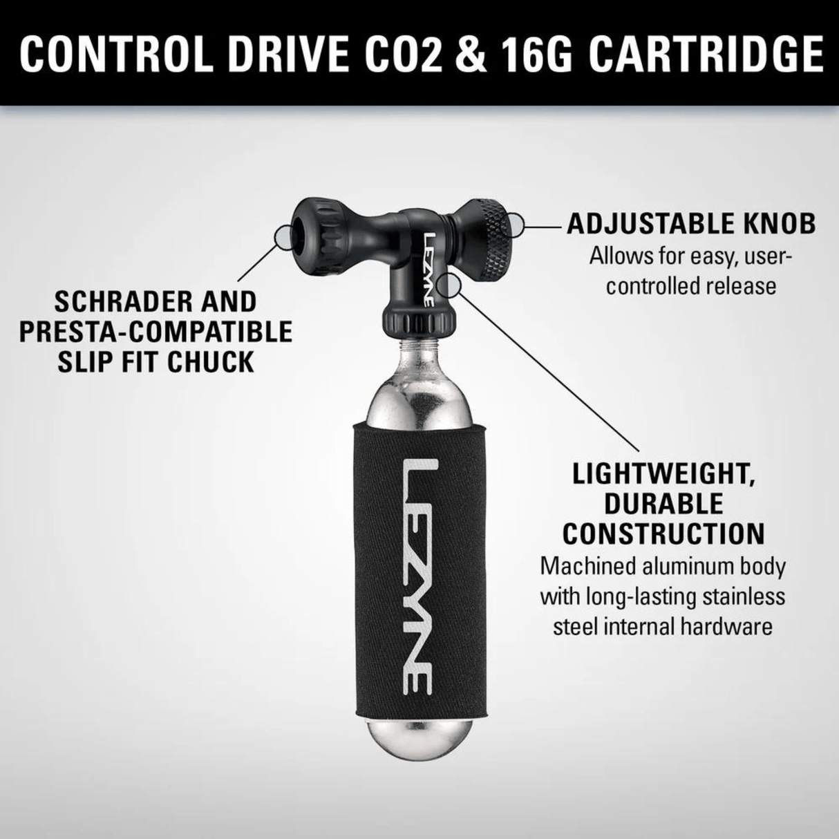 Lezyne CO2 Inflation System 16G / Black Control Drive CO2 With Cartridge LZ1C2CTRLDRV104