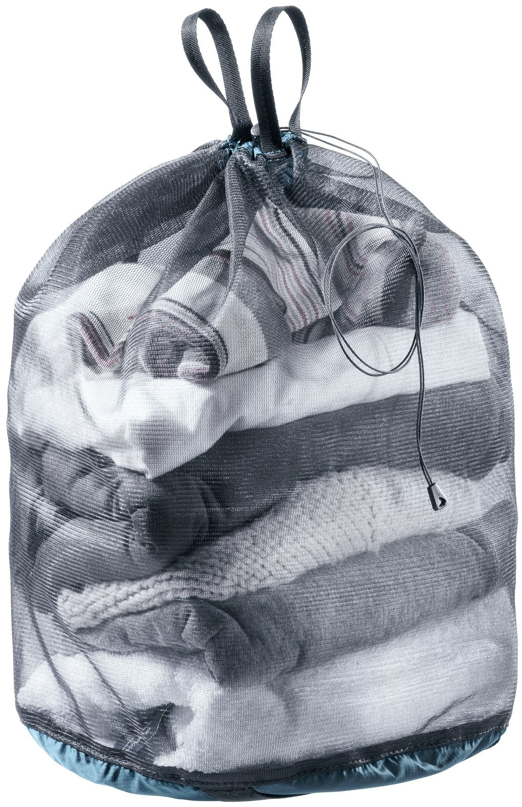 Deuter Mesh Sack 10 in Atlantic Black filled with folded clothes, drawcord closed