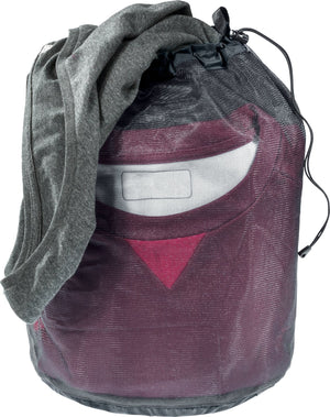 Deuter Mesh Sack 18 packed with a red top and a grey jumper hanging from the drawcord opening