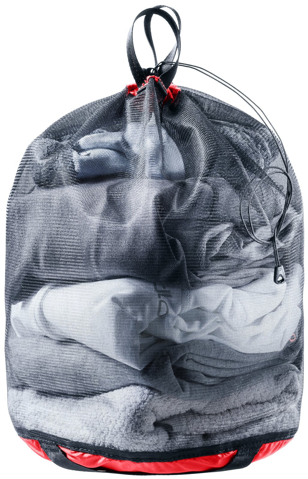 Deuter Mesh Sack 5 in Cherry Black, black mesh bag with red base, packed with folded clothes