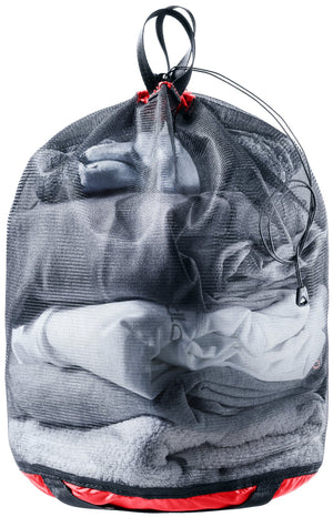 Deuter Mesh Sack 5 in Cherry Black, black mesh bag with red base, packed with folded clothes
